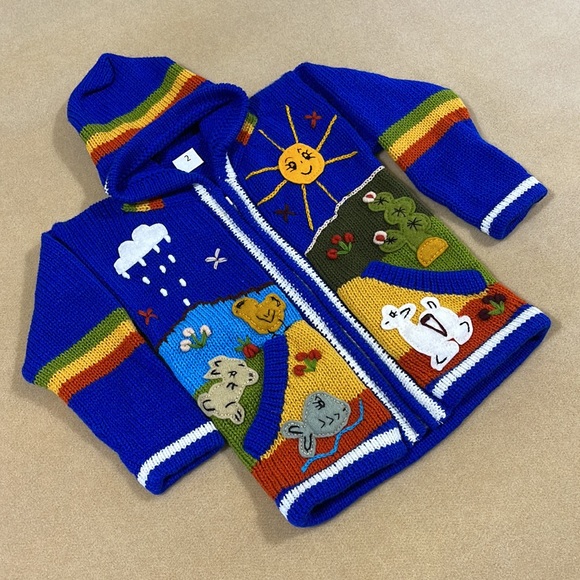 BNWT PERUVIAN TODDLERS ACRYLIC KNIT ZIP FRONT SWEATER HOODIE WITH FELT ANIMALS - Picture 3 of 6